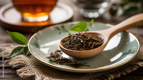 A wooden spoon filled with loose-leaf tea on a ceramic plate