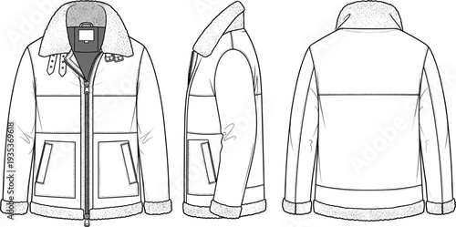 Fashion technical sketch of a shearling aviator bomber jacket vector template featuring front back and side views with a plush fur collar.