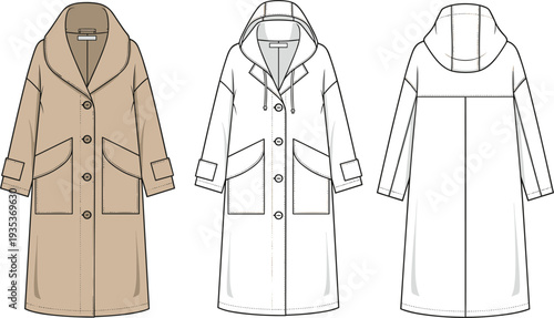Women’s minimalist oversized hooded coat fashion technical sketch featuring a clean front button closure large patch pockets and a relaxed streamlined silhouette.