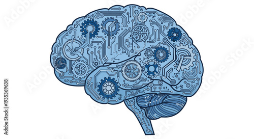 Human Brain with Mechanical Cog Components.