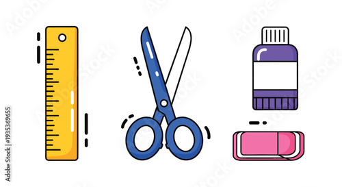 Stationery Items Ruler Scissors Medicine Bottle Eraser.