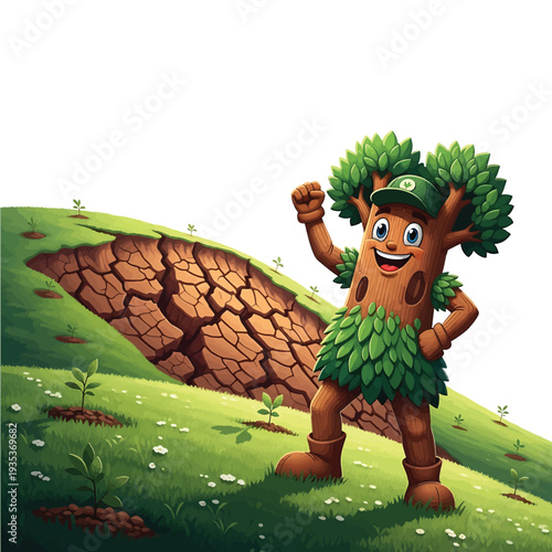 Tree Character Hero on Cracked hillside with Plants