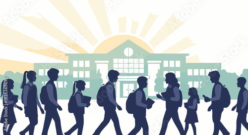 Students Walking to School Building Silhouettes.
