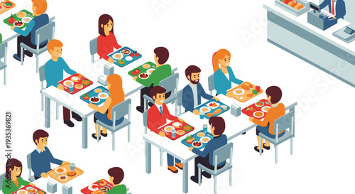 Children Eating Lunch in Cafeteria Illustration.