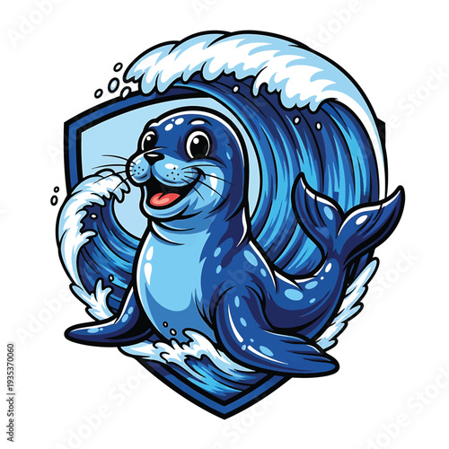 Blue seal pup surfing wave crest shield emblem