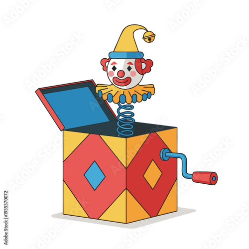 Colorful jack-in-the-box toy with jester springing out from vibrant box and hand crank on white background