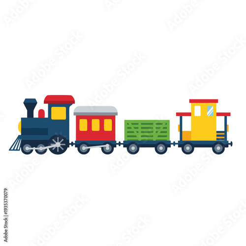Colorful cartoon train with steam engine and two carriages on white background for children's illustration and transportation theme