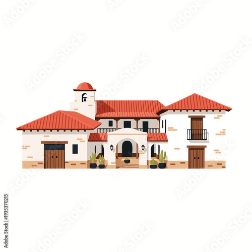 Spanish colonial revival style house with red tile roof, white stucco walls, wooden doors, arched entrance, and decorative cacti plants in the front yard