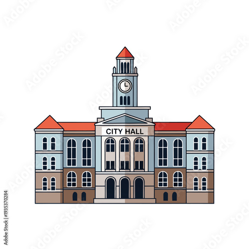 Historic city hall with clock tower, red roofs, and arched windows, isolated on white background, elegant government building iconography