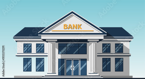 Classic bank building with columns and glass doors against clear blue sky in minimalist style