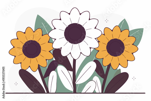 Colorful illustration of sunflowers and daisies with green leaves in a simple artistic style
