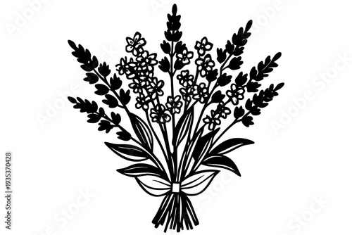 Elegant black and white floral bouquet illustration featuring lavender stems and leaves with a decorative bow for creative design projects