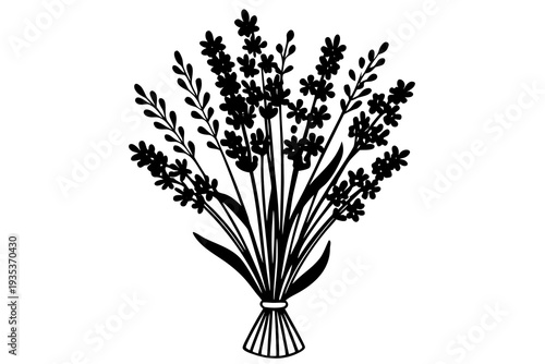 Monochrome silhouette of a lavender bouquet showcasing detailed floral arrangement and graceful stalks
