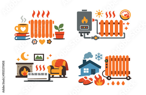 Illustrations depicting various heating methods and the feeling of warmth at home, including radiators, a boiler system, and a cozy fireplace scene
