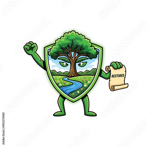 Shielded tree mascot with river landscape and restoration scroll