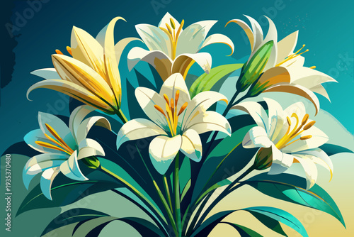Vibrant bouquet of yellow and white lilies with lush green foliage against a stunning blue and yellow abstract background