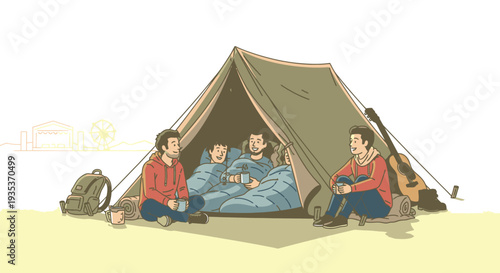 Family Camping Together Inside Tent Outdoors.