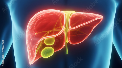 A medical illustration of a human liver with tumors in the abdominal cavity
