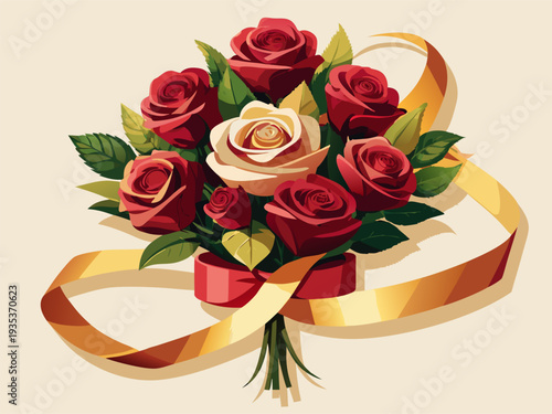 Elegant bouquet of red and white roses with golden ribbon on beige background highlighting lush green foliage and romantic display for special occasions