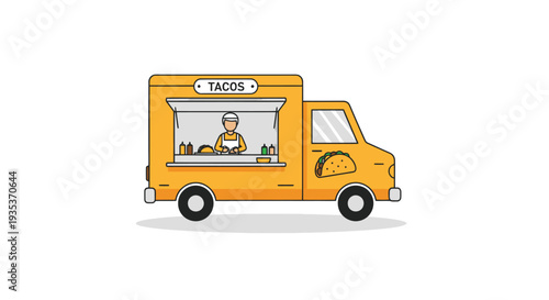 Yellow Food Truck Serving Tacos.