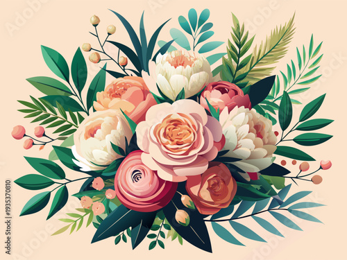 Elegant bouquet of peonies and roses with greenery on soft background highlighting floral grandeur and natural beauty