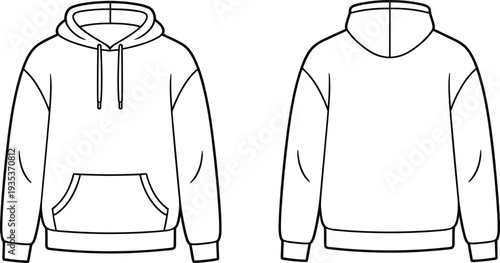 WebHoodie sweatshirt mockup template, front and back view, blank hooded pullover design, casual streetwear apparel vector illustration, fashion clothing outline