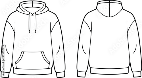 Hoodie sweatshirt mockup template, front and back view, blank hooded sweatshirt design, casual streetwear apparel vector illustration, fashion clothing 