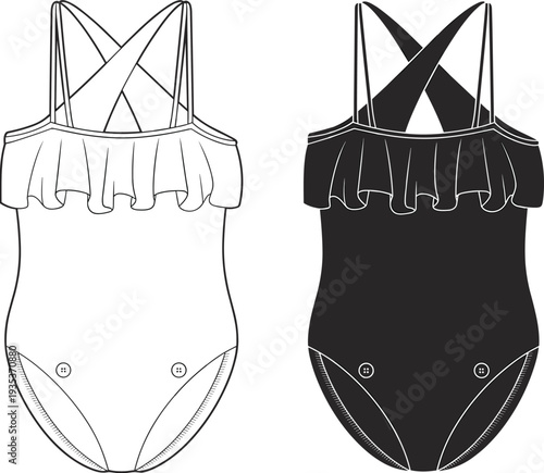 Trendy swimwear CAD sketch, ruffled neckline, cross-back straps, summer beach fashion, front and back views, vector flat drawing, apparel illustration