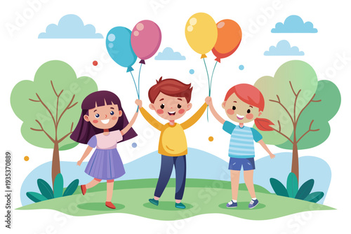 Joyful children celebrating in park holding colorful balloons surrounded by nature with trees and blue sky