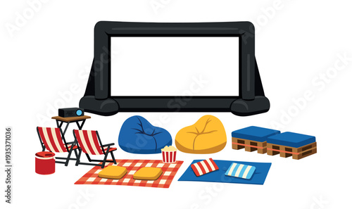 Backyard cinema setup for entertainment, featuring an inflatable screen, projector, bean bags, chairs, popcorn, and picnic blankets