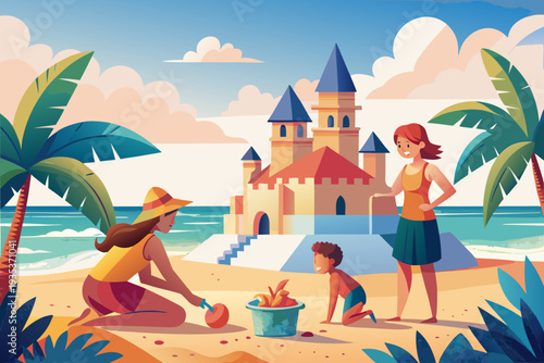 Family enjoying beach day building sandcastle: mother, child and friend in tropical paradise with palm trees and ocean waves