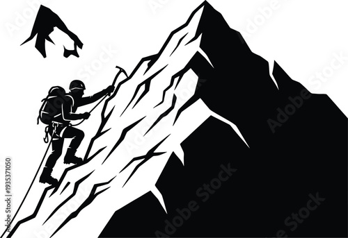 Mountain Climber Silhouette, Mountaineering Adventure Vector Illustration