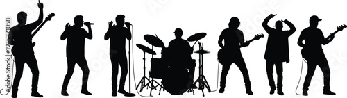 Silhouette of a live rock band performing on stage with singers, guitarists, and a drummer for music concert event posters.