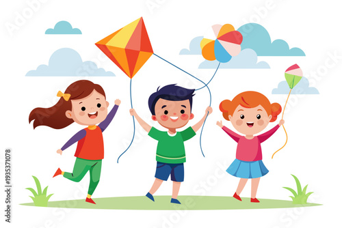 Joyful children flying colorful kites outdoors on a sunny day with clouds and grass in the background