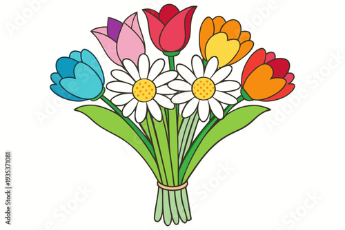 Vibrant cartoon bouquet of tulips and daisies with colorful petals and green leaves on white background