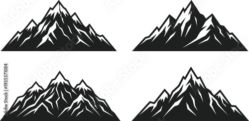 Mountain silhouette set, black peak and mountain range vector collection