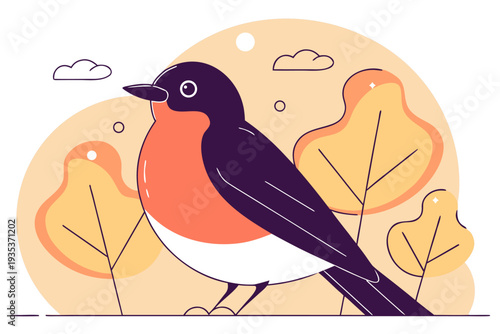 Vibrant flat design illustration of a robin with autumn leaves under a softly lit sky featuring minimalistic lines and bold colors