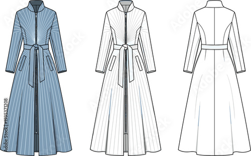 Fashion technical sketch of a long quilted robe coat vector template featuring a belted waist with front and back views in blue.