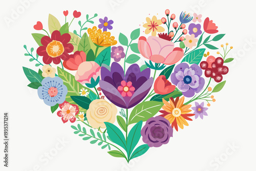 Colorful heart-shaped floral arrangement with diverse blooms and green leaves on white background for romantic and nature-inspired designs