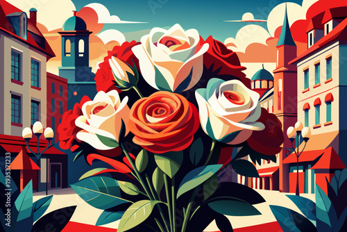 Vibrant bouquet of roses in stylized urban scene with colorful architecture and dynamic skies, blending nature and city life in artistic harmony