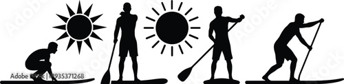 Stand Up Paddle Boarding Silhouette Set, SUP Surfing Water Sport Vector