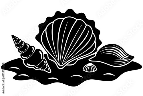 Elegant seashell design with varied shell types on a beach sand background in monochrome silhouette style