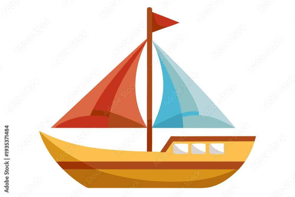 Fototapeta premium Colorful cartoon sailing boat with red and blue sails on white background for nautical and maritime themes