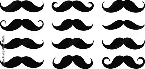 Set of 12 Black Moustache Vector Icons