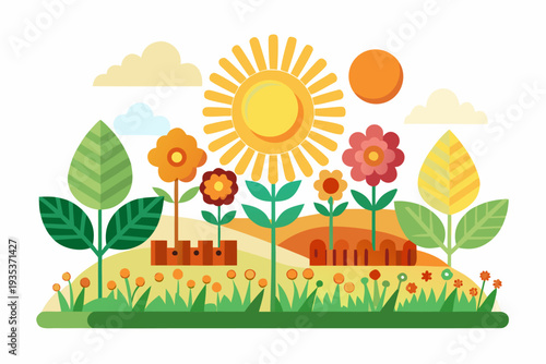 Vibrant landscape with sun, colorful flowers, geometric leaves, and rolling hills under a clear sky