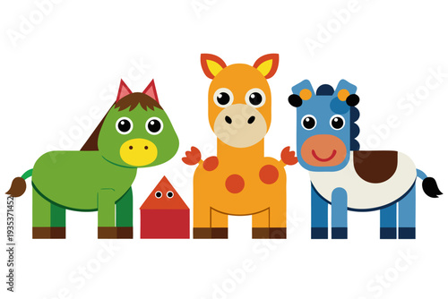 Colorful cartoon farm animals featuring horse, cow, and pig with simple geometric shapes and bright colors for children's educational materials