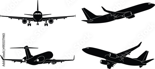 Airplane Silhouette Set, Passenger Aircraft Flying and Takeoff Vector Collection