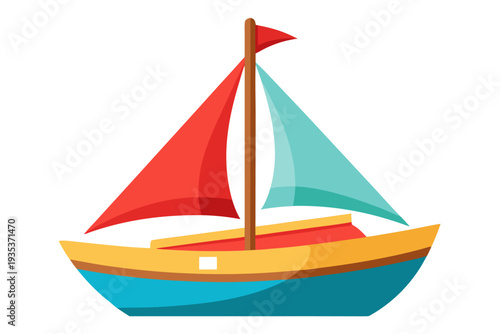 Colorful toy sailboat with red and blue sails on white background: vibrant nautical theme for children's decor and imaginative play