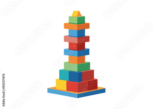 Colorful wooden stacking toy tower with multicolored geometric blocks for educational child play and motor skills development on white background