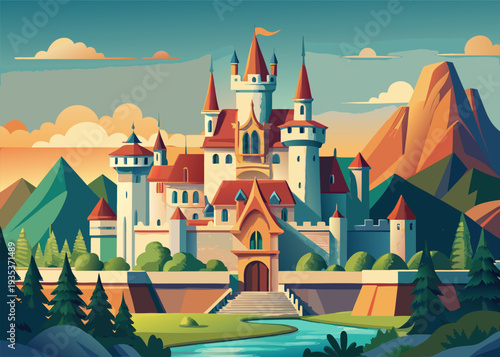 Enchanting fairy tale castle with turrets and towers amidst serene mountain landscape at sunset with tranquil river and lush verdant forest